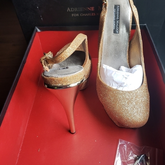 Adrienne Maloof for Charles Jourdan Gold Platform Slingback Stilettos Sz 9.5 - Picture 5 of 12
